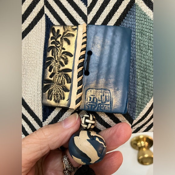 One of a kind fabric, clay, bead, tassel crossbody. Thick black braid-strap. - Picture 3 of 5